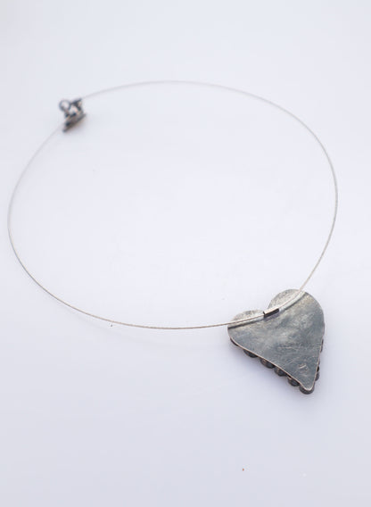 Rosebud Heart Swirl Pendant + Wire Necklace - Oxidised Silver