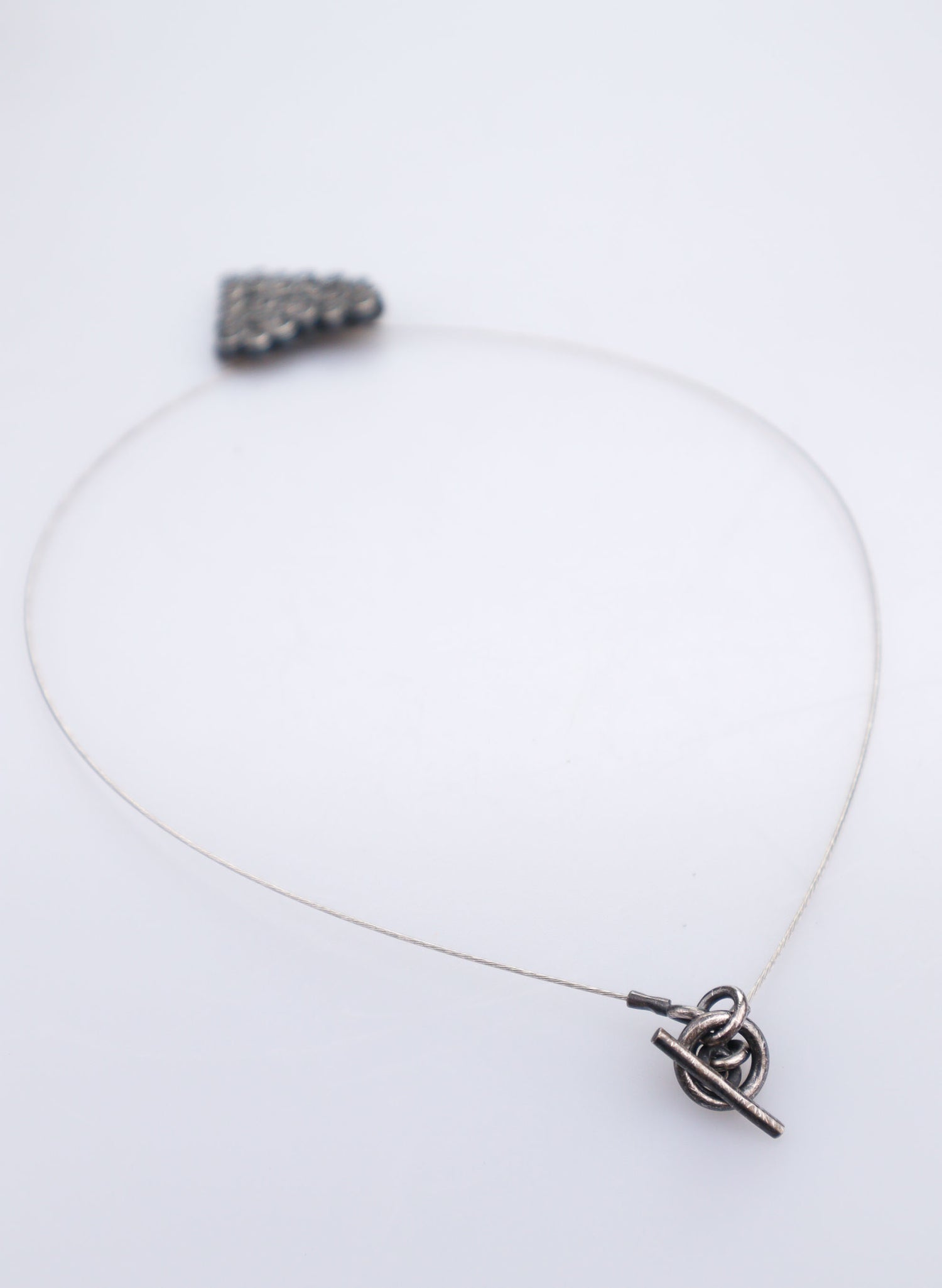 Rosebud Heart Swirl Pendant + Wire Necklace - Oxidised Silver