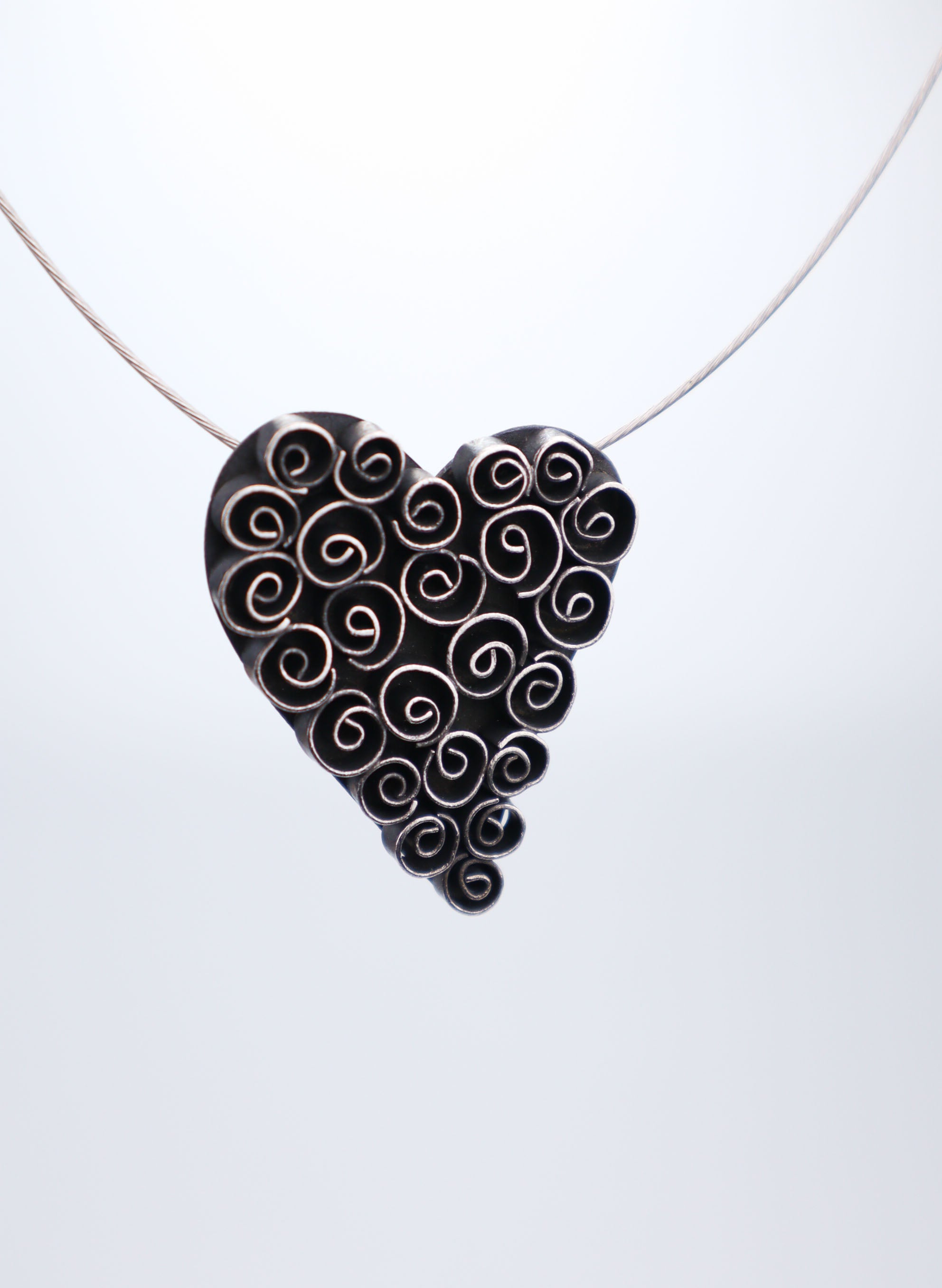 Rosebud Heart Swirl Pendant + Wire Necklace - Oxidised Silver