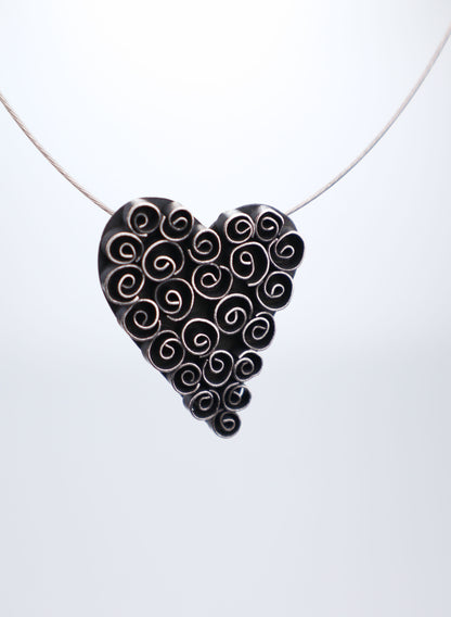 Rosebud Heart Swirl Pendant + Wire Necklace - Oxidised Silver