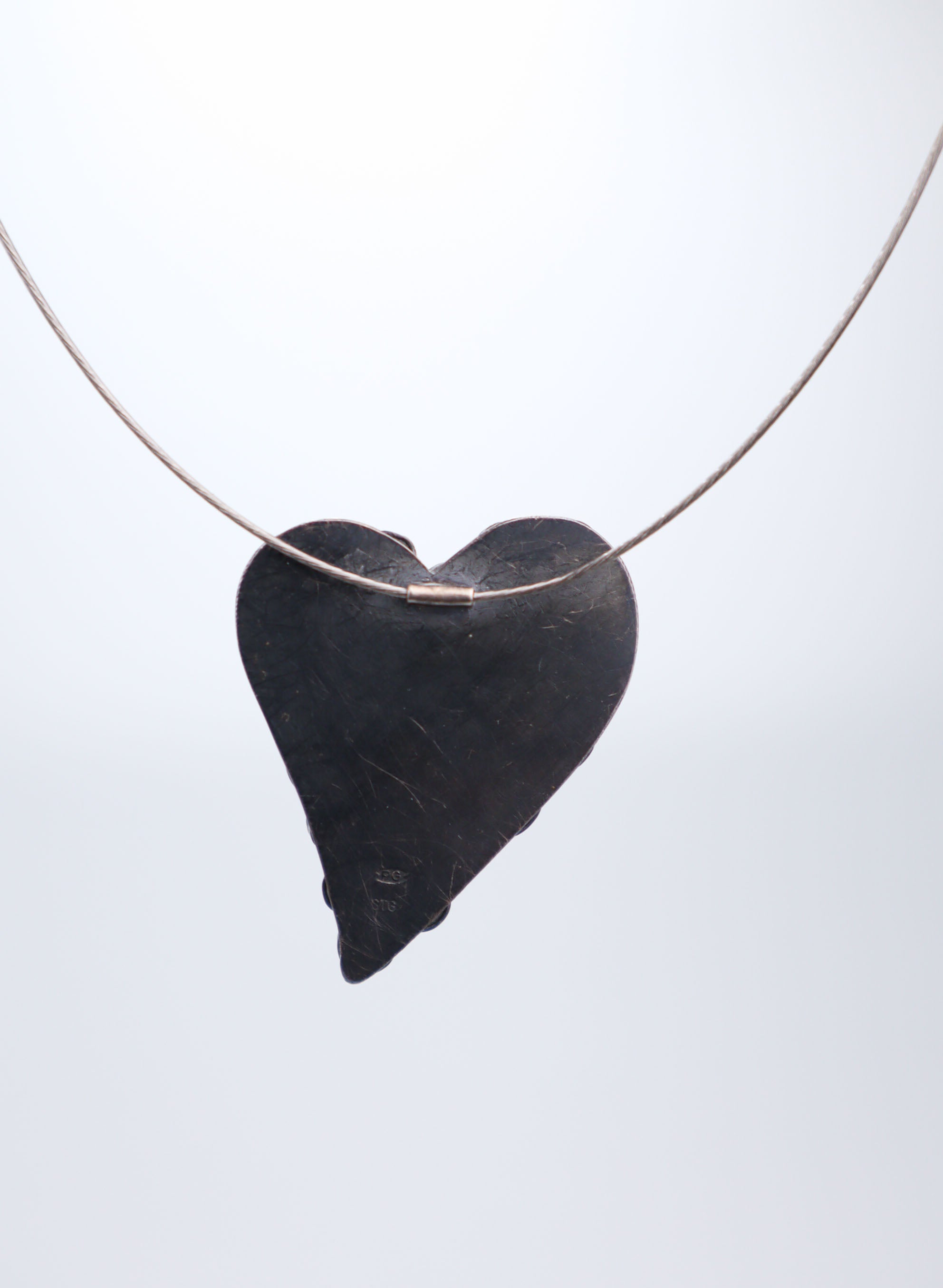 Rosebud Heart Swirl Pendant + Wire Necklace - Oxidised Silver