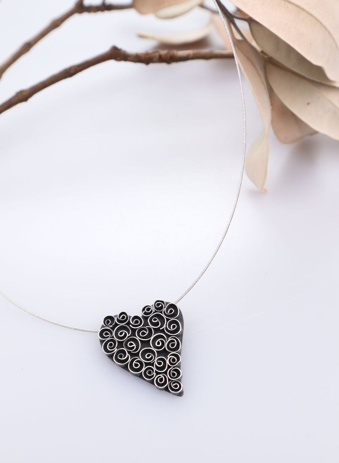 Rosebud Heart Swirl Pendant + Wire Necklace - Oxidised Silver