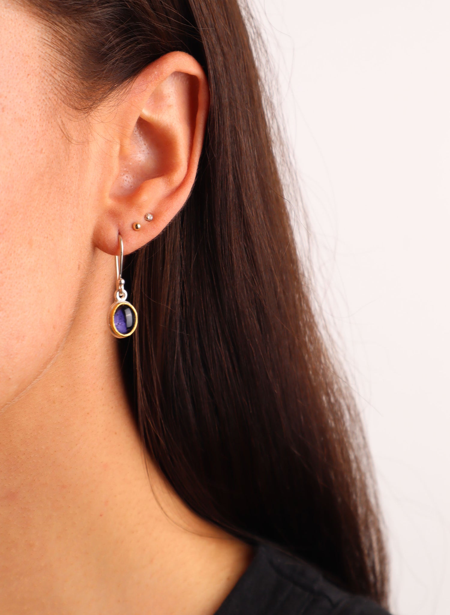 Oval Iolite Drop Earrings - Sterling Silver and 22ct Gold