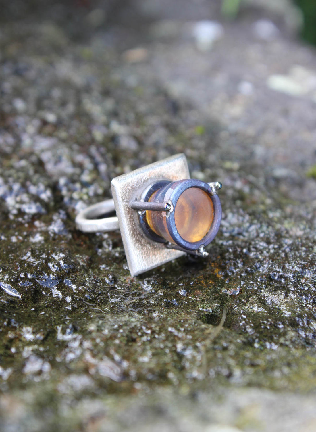 NZ Amber + Titanium + Silver Ring
