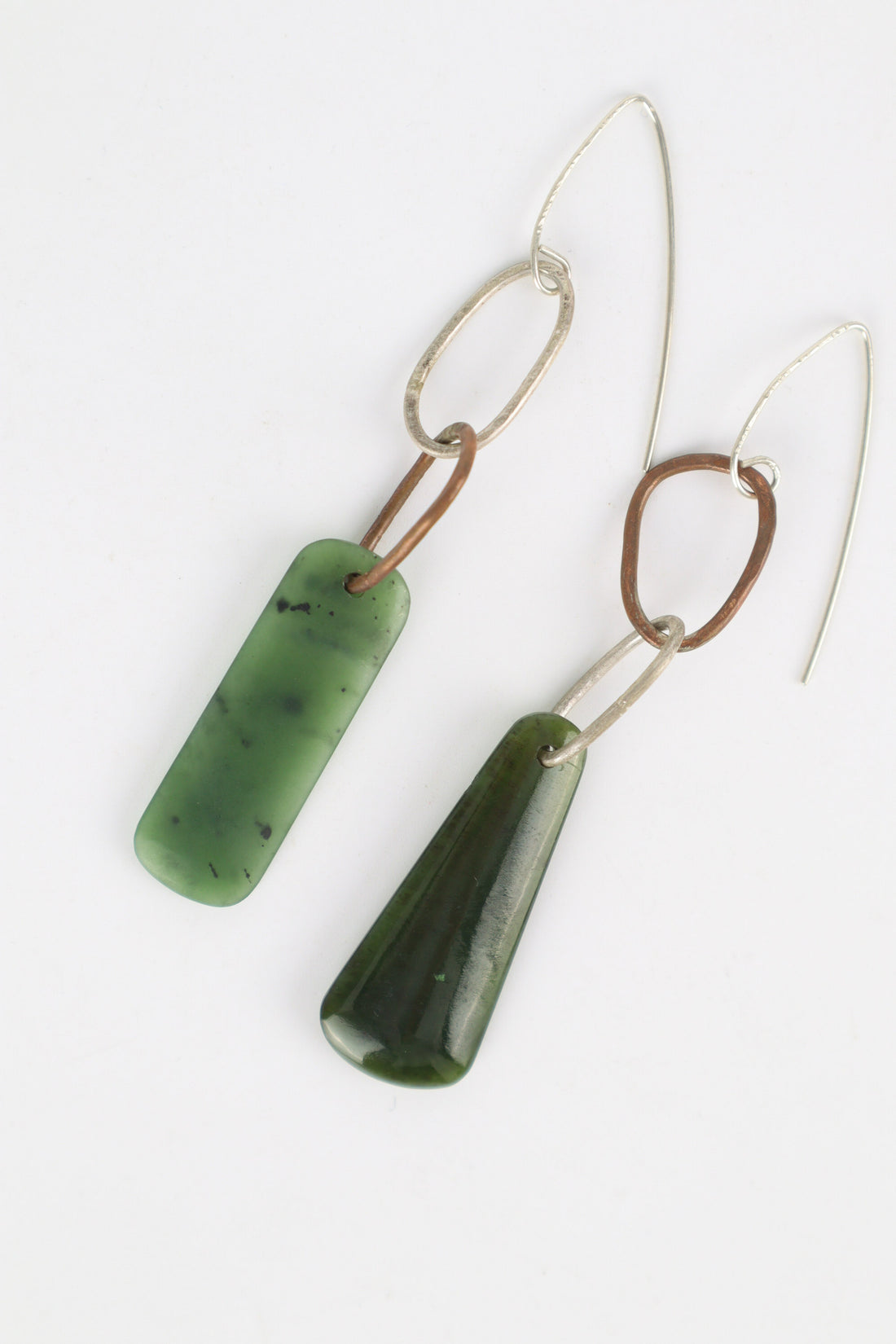 Geometric Drop Earrings - Sterling Silver, Copper &amp; Pounamu