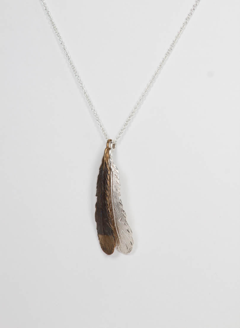 Double Huia Feather Necklace - Bronze &amp; Silver