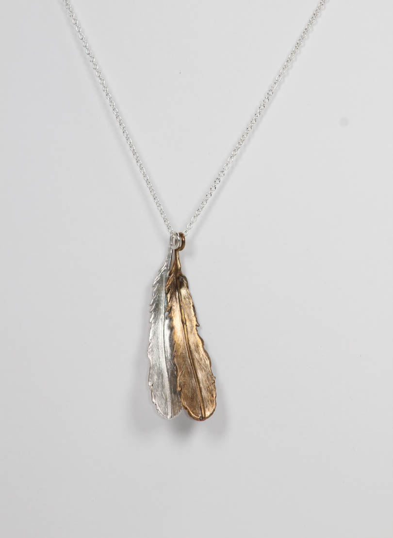 Double Huia Feather Necklace - Bronze &amp; Silver