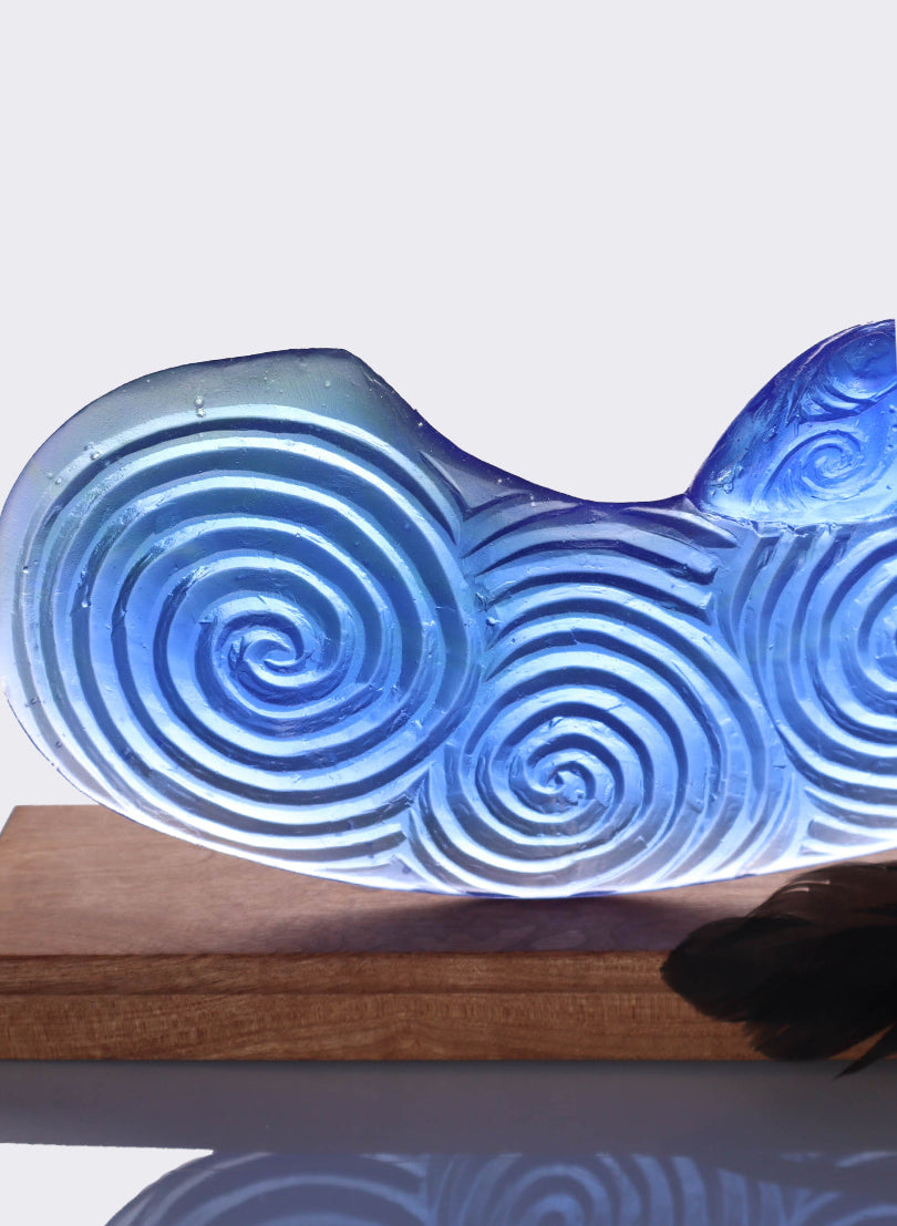 Blue Lead Crystal Glass Wahaika  with a Pūkaiora (figure) on an Oak base