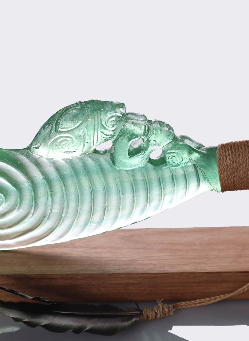 Green Lead Crystal Glass Wahaika  with a Pūkaiora (figure) on an Oak base