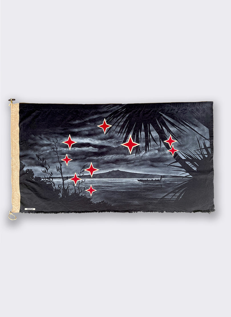 Black Rangitoto, Cabbage Tree, Waka &amp; Matariki Stars - Horizontal Flag 673