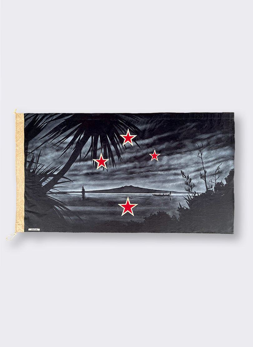 Black Rangitoto, Cabbage Tree, Waka, Ship &amp; Southern Stars - Horizontal Flag 675