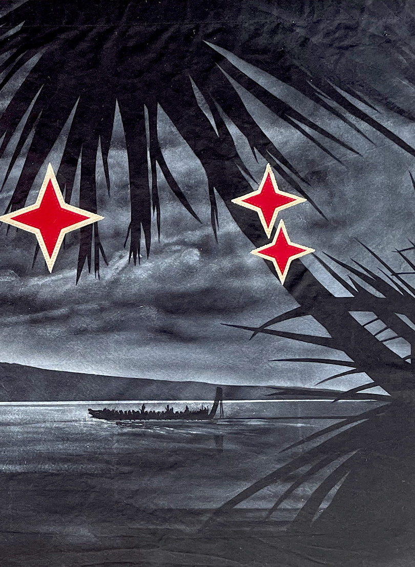 Black Rangitoto, Cabbage Tree, Waka &amp; Matariki Stars - Horizontal Flag 673