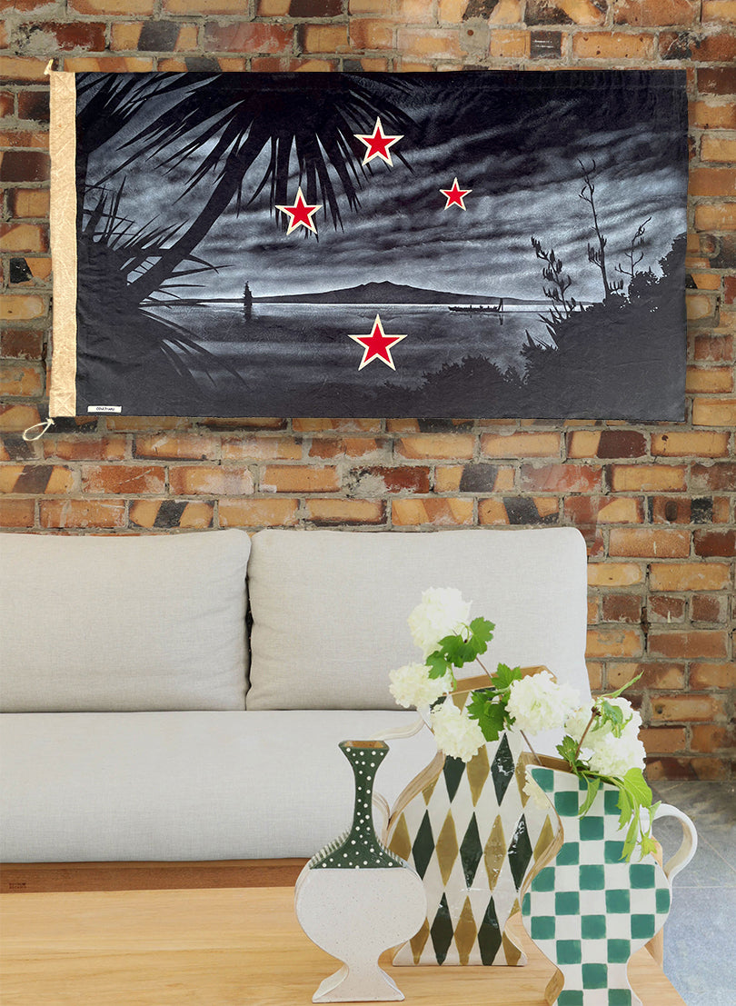 Black Rangitoto, Cabbage Tree, Waka, Ship &amp; Southern Stars - Horizontal Flag 675