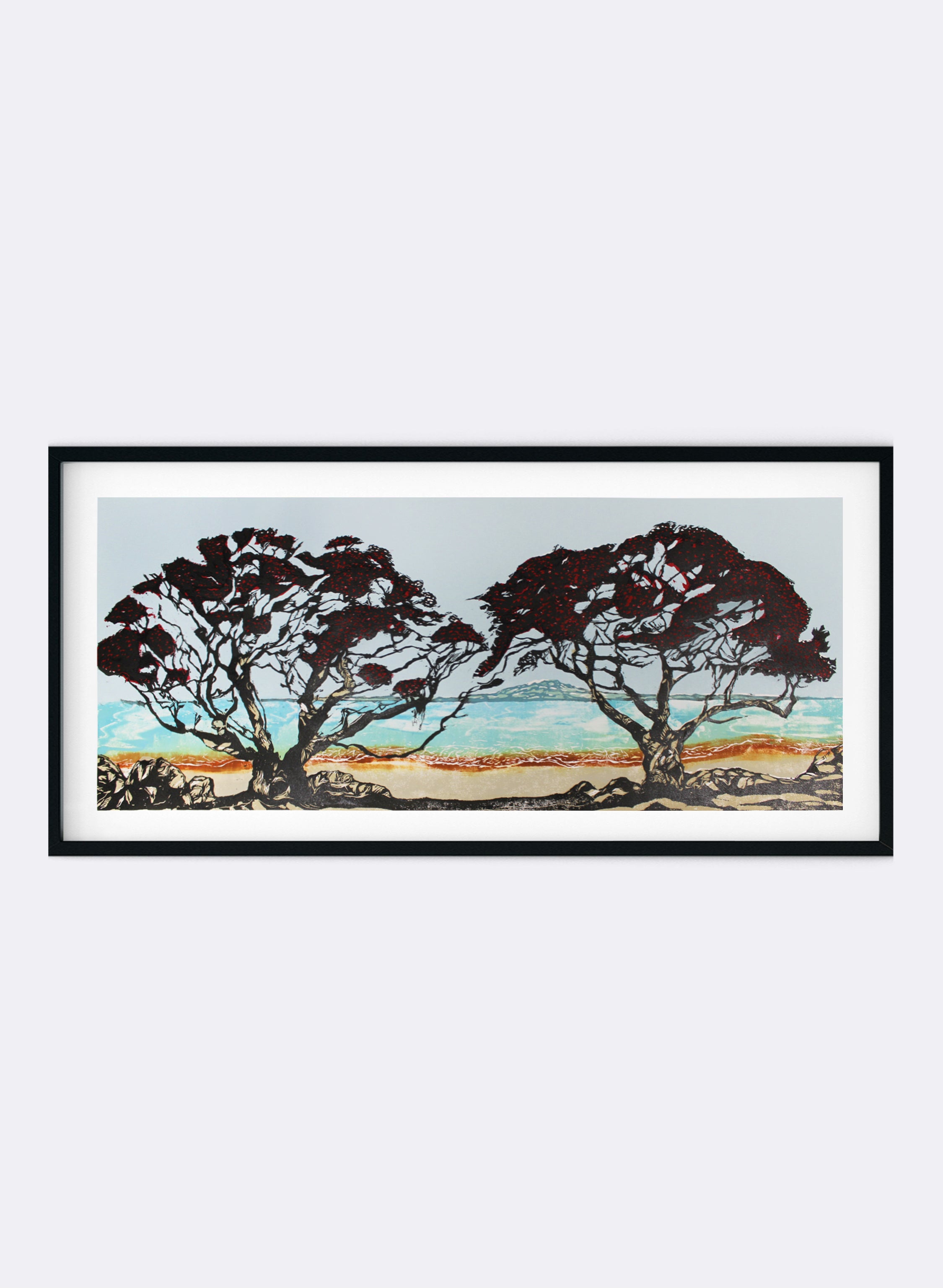 Rangitoto through Pōhutukawa - Woodblock Print