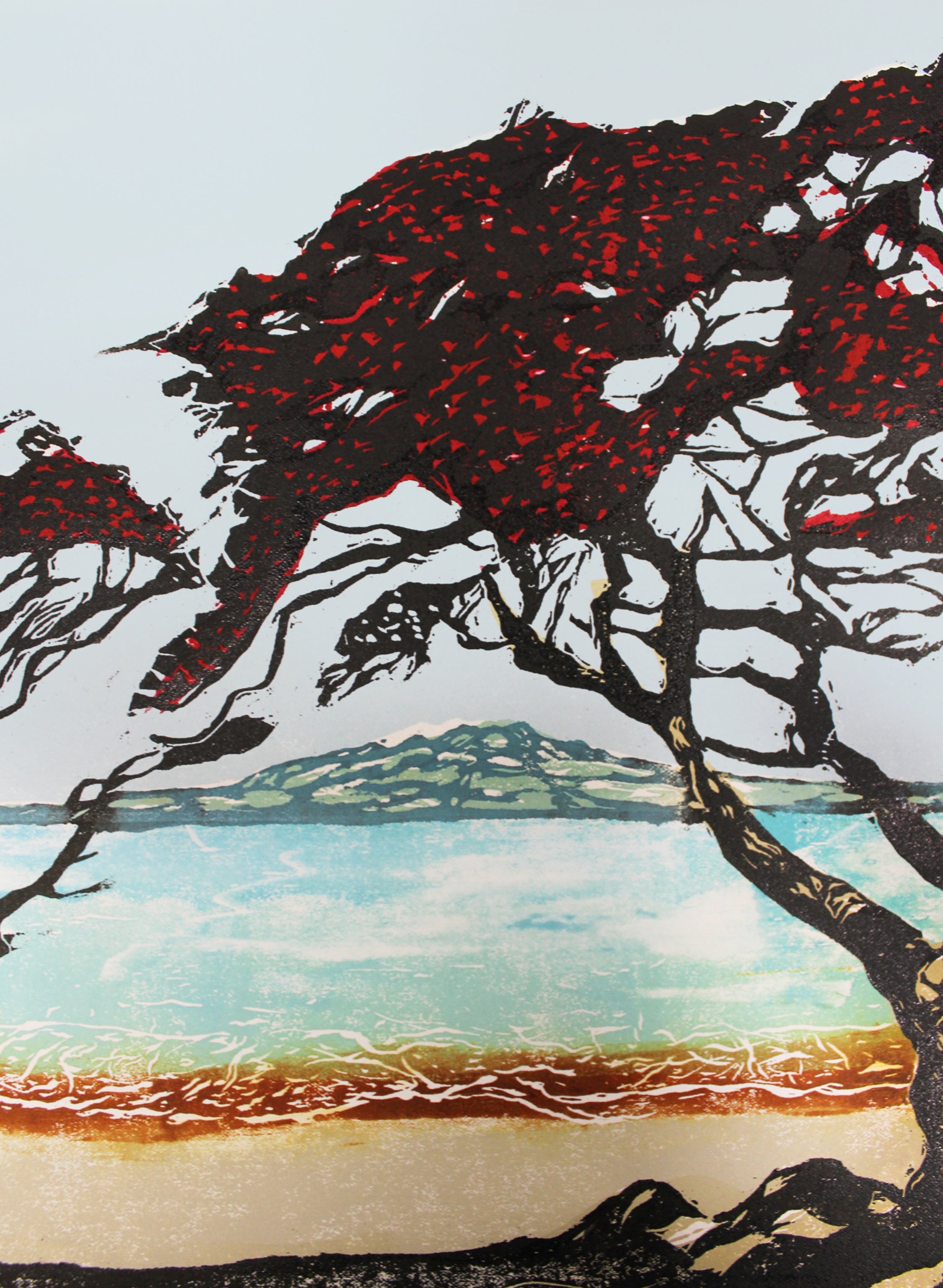 Rangitoto through Pōhutukawa - Woodblock Print