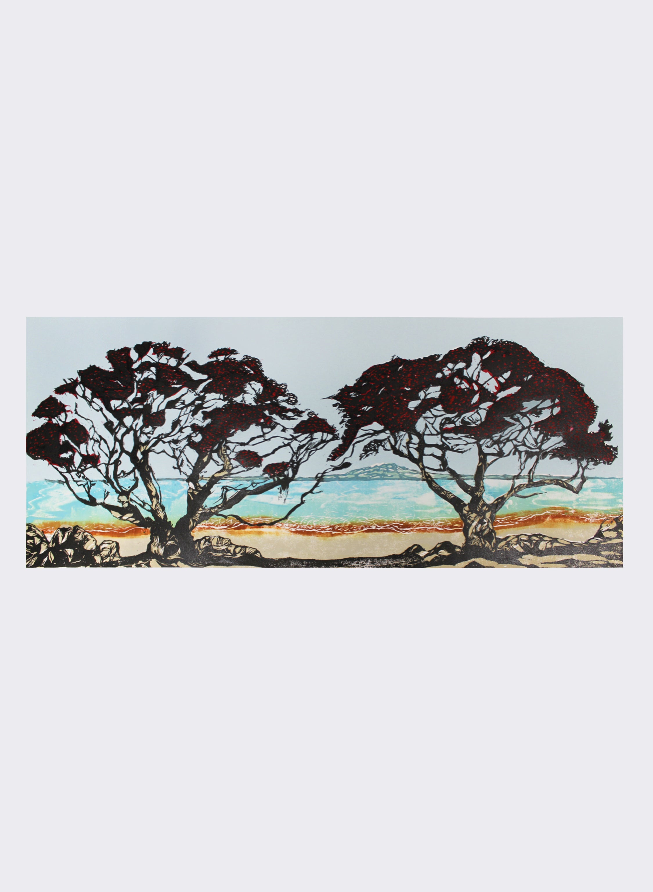 Rangitoto through Pōhutukawa - Woodblock Print
